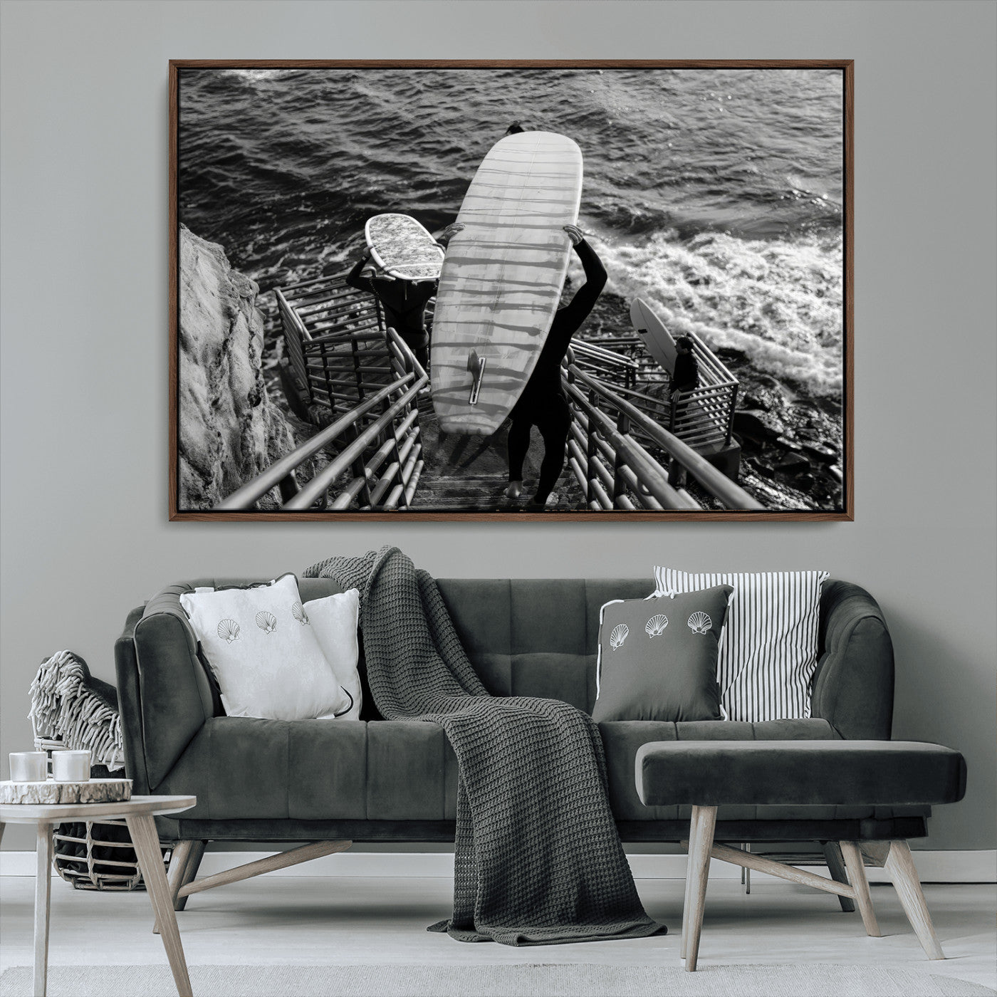 32353707-MGV-CV-36X24-Black White Surfing Wall Art Canvas Print, Framed Coastal Surfing Art Picture Print, Wave Riders Perfect Coastal Adventure Decor