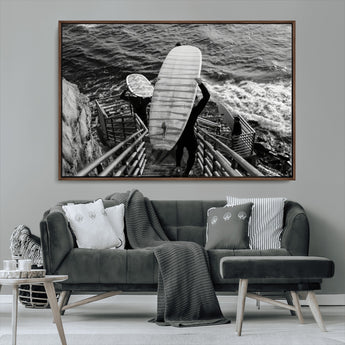 32353707-MGV-CV-36X24-Black White Surfing Wall Art Canvas Print, Framed Coastal Surfing Art Picture Print, Wave Riders Perfect Coastal Adventure Decor