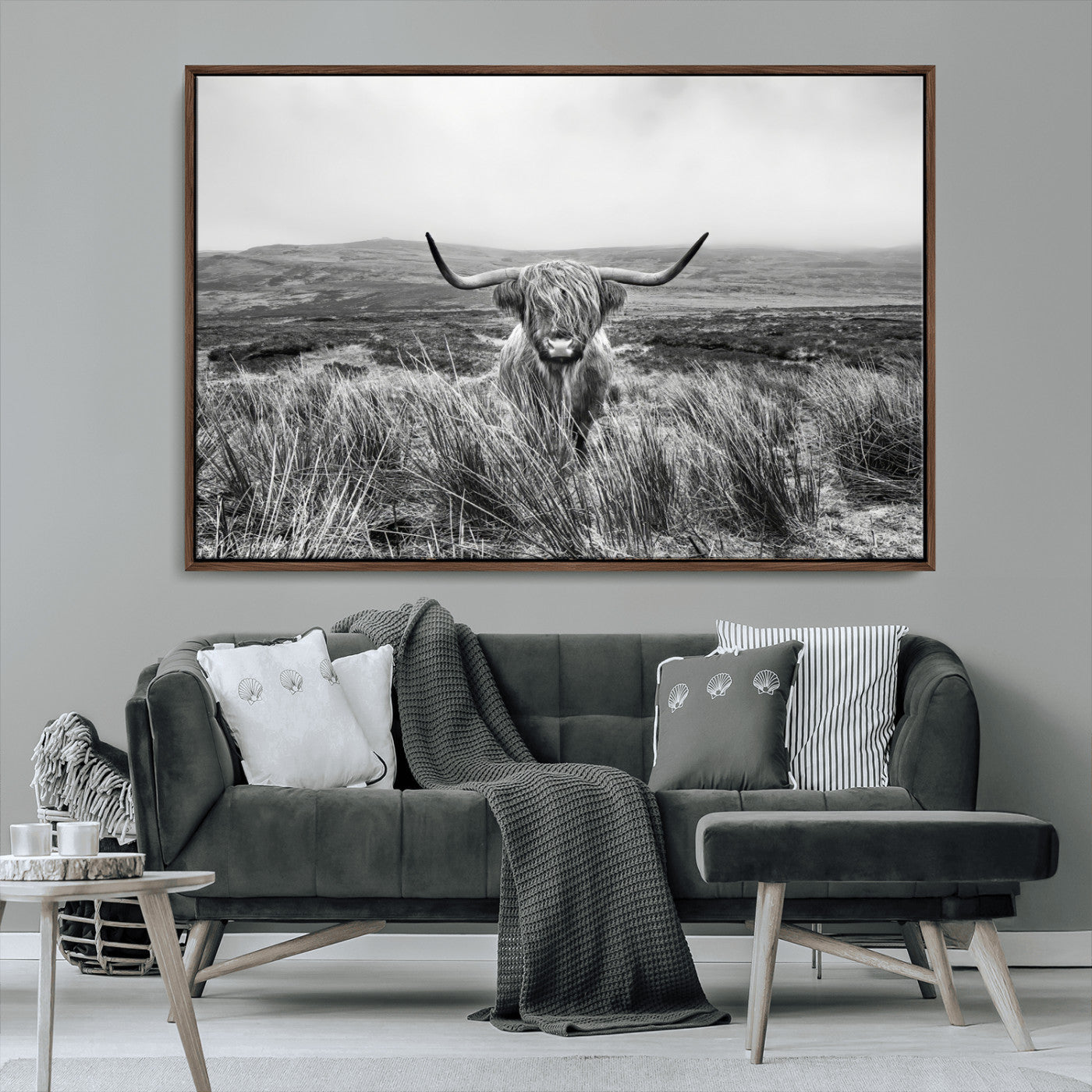 24051061-MGV-CV-36X24-Monochrome Highland Cow Wall Art Canvas Print, Framed Scottish Bull Art Picture Print, Lone Cattle Perfect Rustic Farmhouse Decor