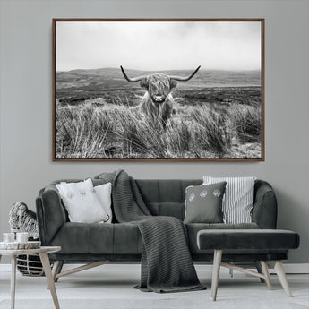 24051061-MGV-CV-36X24-Monochrome Highland Cow Wall Art Canvas Print, Framed Scottish Bull Art Picture Print, Lone Cattle Perfect Rustic Farmhouse Decor