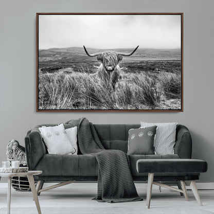 24051061-MGV-CV-36X24-Monochrome Highland Cow Wall Art Canvas Print, Framed Scottish Bull Art Picture Print, Lone Cattle Perfect Rustic Farmhouse Decor