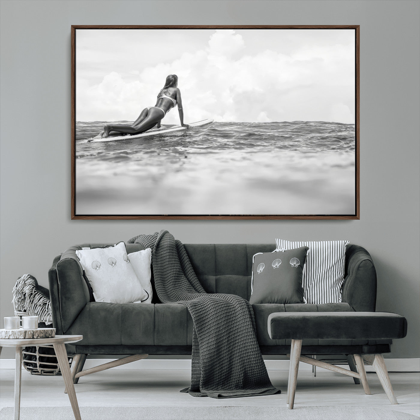 69798068-MGV-FC-36X24_Walnut-Black White Surfing Wall Art Canvas Print, Framed Ocean Horizon Art Picture Print, Surfer Girl Perfect Coastal Adventure Decor
