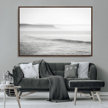 60635783-MGV-CV-36X24-Black White Seascape Wall Art Canvas Print, Framed Ocean Waves Art Picture Print, Misty Coastal Perfect Minimalist Coastal Decor