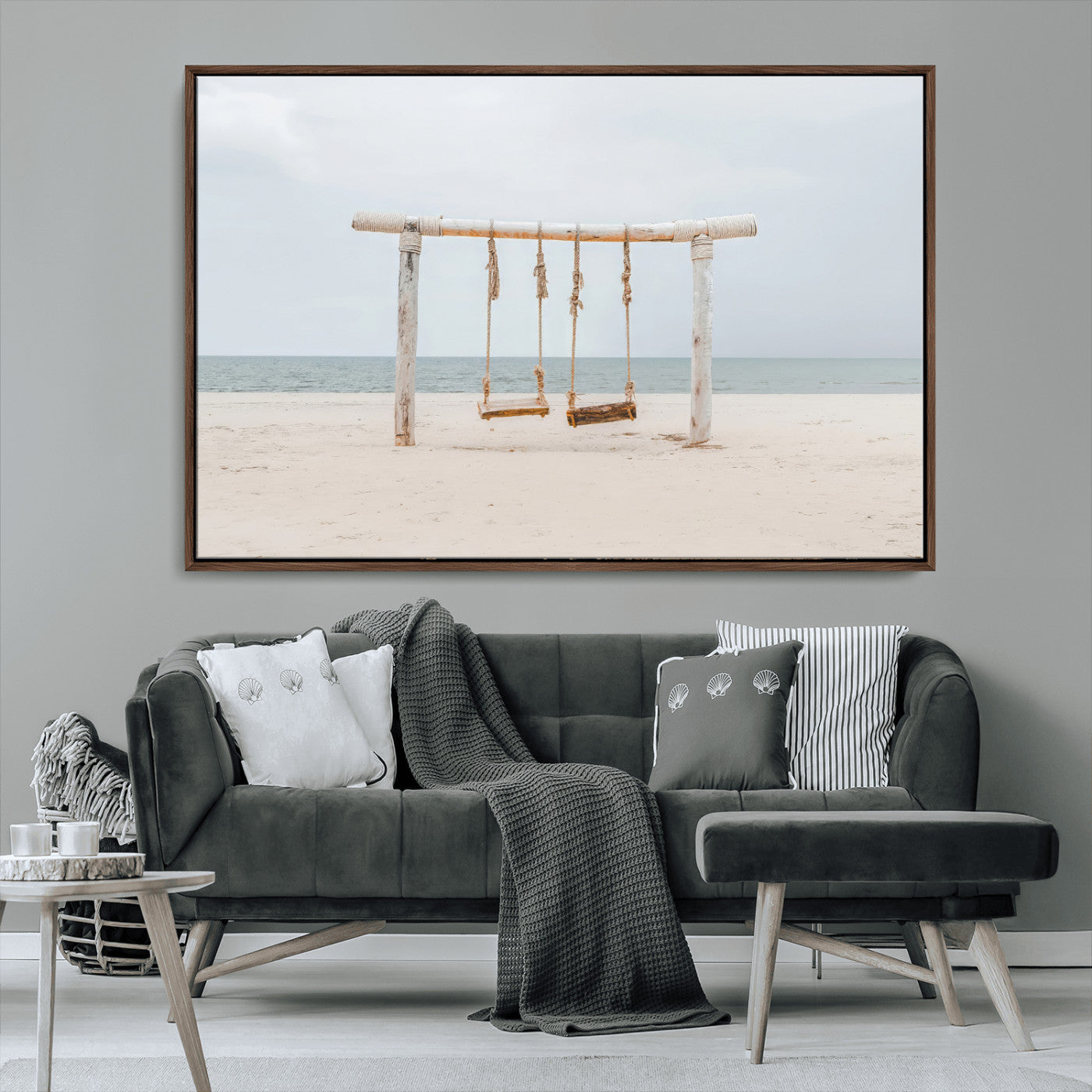 68327283-MGV-CV-36X24-Beach Swing Wall Art Canvas Print, Framed Quiet Beach Art Picture Print, Calm Shoreline Perfect Bohemian Coastal Decor Artwork