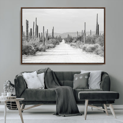 35537313-MGV-CV-36X24-Monochrome Desert Wall Art Canvas Print, Framed Cactus Path Art Picture Print, Southwestern Landscape Perfect Southwestern