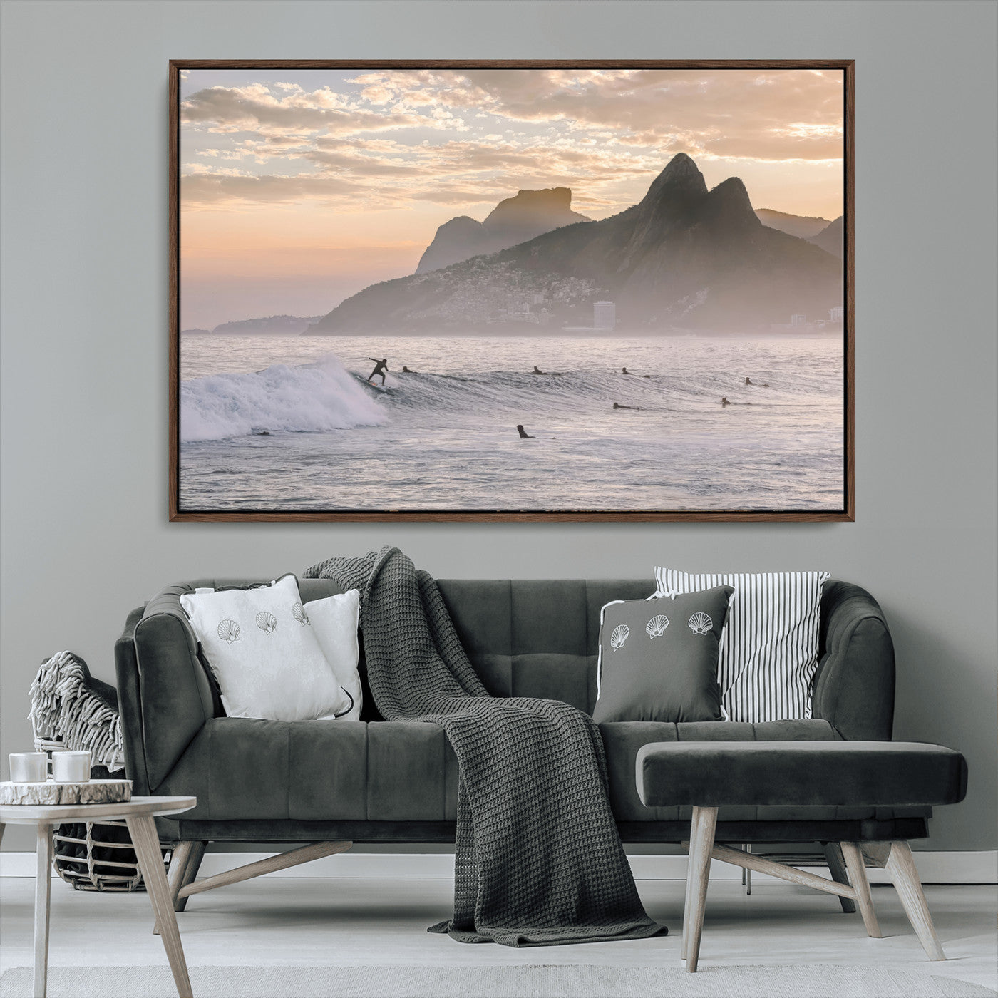 70644906-MGV-CV-36X24-Sunset Surfing Wall Art Canvas Print, Framed Misty Mountains Art Picture Print, Surfer Riding Wave Perfect Coastal Adventure Decor