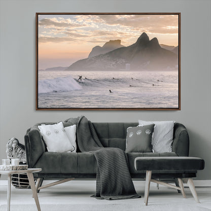70644906-MGV-CV-36X24-Sunset Surfing Wall Art Canvas Print, Framed Misty Mountains Art Picture Print, Surfer Riding Wave Perfect Coastal Adventure Decor