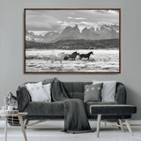 21655040-MGV-FC-36X24_Walnut-Wild Horses Wall Art Canvas Print, Framed Black White Mountains Art Picture Print, Rustic Countryside Perfect Rustic Western Decor