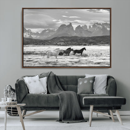 21655040-MGV-FC-36X24_Walnut-Wild Horses Wall Art Canvas Print, Framed Black White Mountains Art Picture Print, Rustic Countryside Perfect Rustic Western Decor