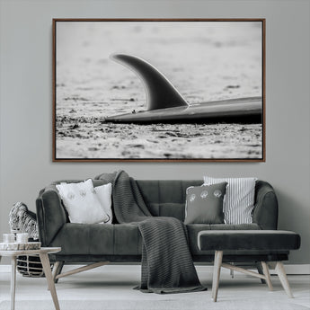 62314230-MGV-CV-36X24-Black White Surfboard Wall Art Canvas Print, Framed Minimalist Beach Art Picture Print, Surf Fin Perfect Minimalist Coastal Decor