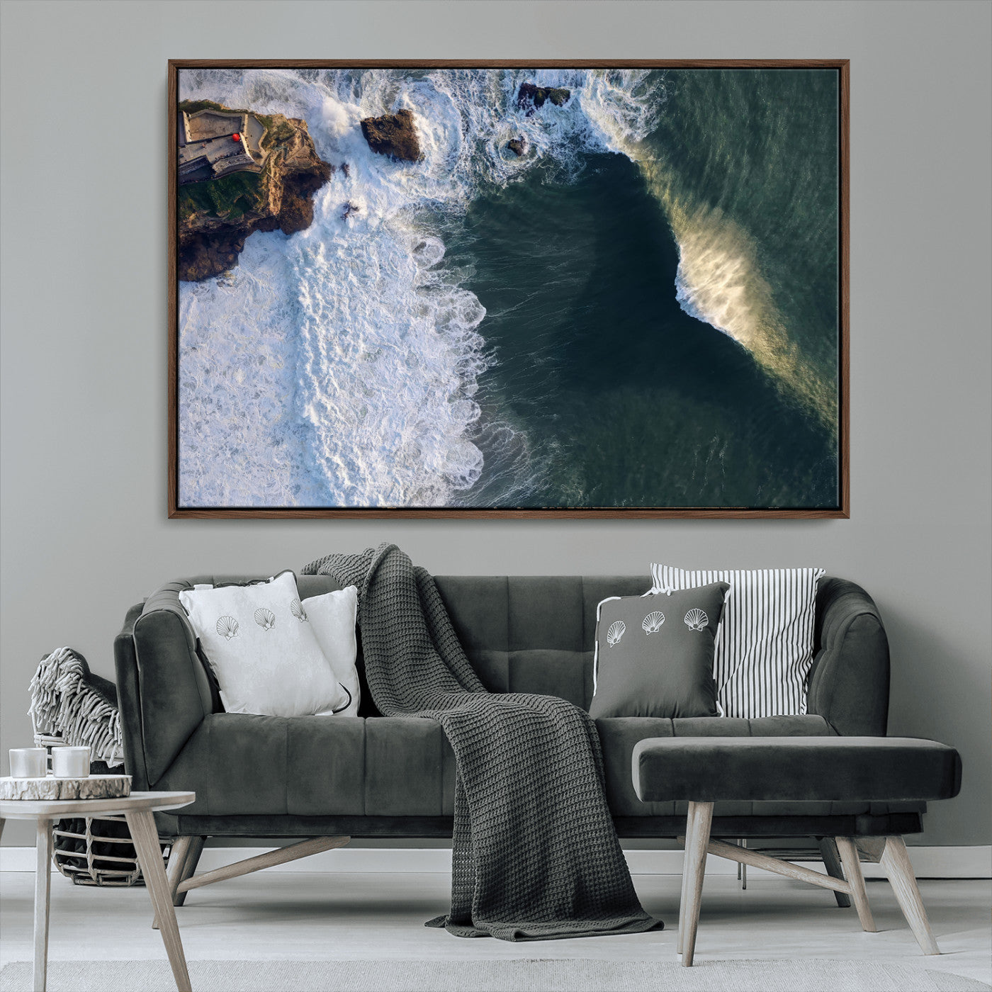 37405684-MGV-CV-36X24-Nazaré Coast Wall Art Canvas Print, Framed Aerial Ocean Art Picture Print, Coastal Fortress Perfect Dramatic Coastal Decor Artwork