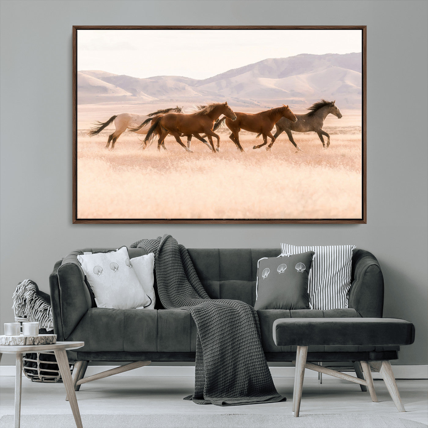 83644685-MGV-FC-36X24_Walnut-Wild Horse Art Wall Art Canvas Print, Framed Rustic Western Art Picture Print, Desert Horse Scene Perfect Rustic Western Decor