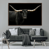 99448328-MGV-FC-36X24_Walnut-Longhorn Cattle Wall Art Canvas Print, Framed Texas Ranch Art Picture Print, Western Cow Perfect Farmhouse Decor Artwork