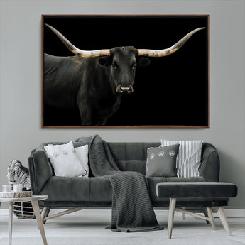 99448328-MGV-FC-36X24_Walnut-Longhorn Cattle Wall Art Canvas Print, Framed Texas Ranch Art Picture Print, Western Cow Perfect Farmhouse Decor Artwork