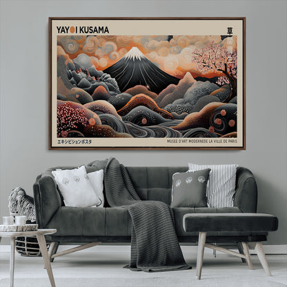 55739266-MGV-CV-36X24-Japanese Wall Art Print – Abstract Yayoi Kusama Inspired Dotted Landscape Poster, Surreal Oriental Mountain and Cherry Blossom