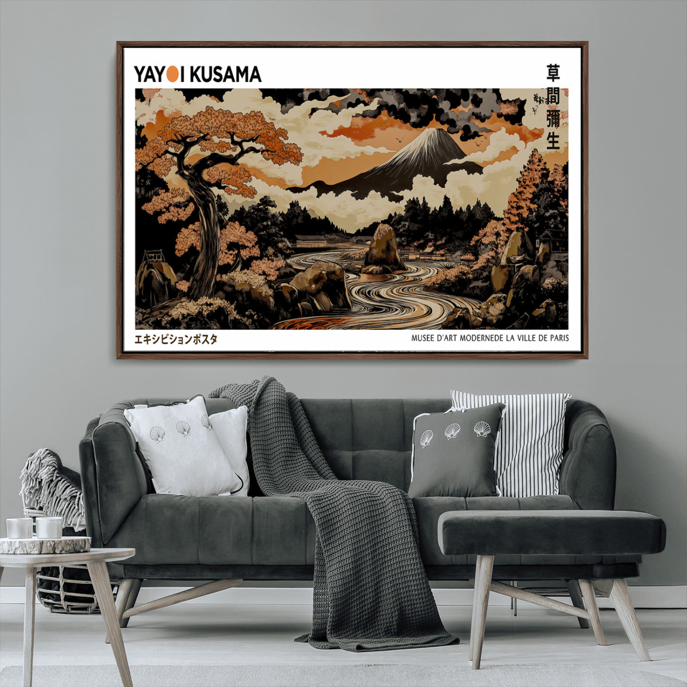 96372548-MGV-CV-36X24-Japanese Landscape Wall Art Print – Mt. Fuji Poster with Bonsai Tree & River, Ukiyo-e Inspired Modern Japanese Artwork, Autumn