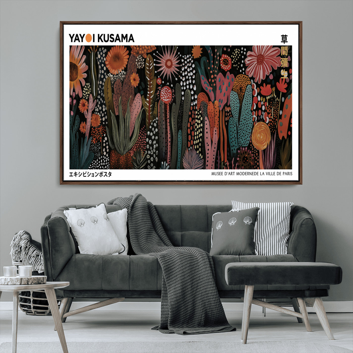 70632622-MGV-CV-36X24-Dark Floral Abstract Wall Art – Botanical Canvas Print, Modern Boho Flower Painting, Colorful Kusama-Inspired Garden Poster for