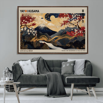 54967195-MGV-FC-36X24_Walnut-Mount Fuji Wall Art – Japanese Cherry Blossom Abstract Canvas Print, Navy Gold Landscape Painting, Oriental Luxury Home Decor