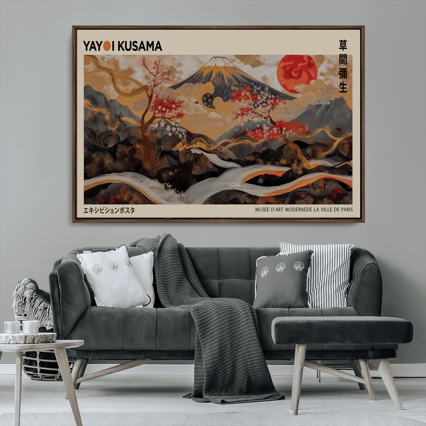 77970791-MGV-CV-36X24-Mount Fuji Golden Abstract Wall Art – Japanese Landscape Canvas Poster, Cherry Blossom & Red Sun Painting, Elegant Zen Oriental