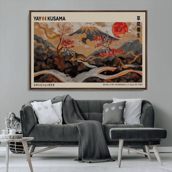 77970791-MGV-CV-36X24-Mount Fuji Golden Abstract Wall Art – Japanese Landscape Canvas Poster, Cherry Blossom & Red Sun Painting, Elegant Zen Oriental