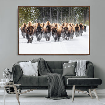 22695857-MGV-CV-36X24-Bison Herd Scene Wall Art Canvas Print, Framed Western Wildlife Art Picture Print, Rustic Animal Art Perfect Rustic Lodge Decor