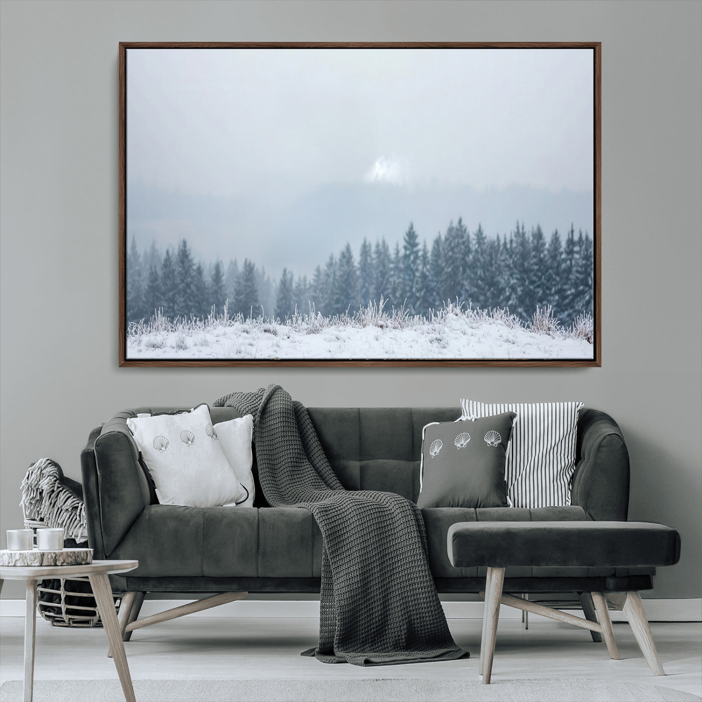33033082-MGV-FC-36X24_Walnut-Winter Forest Art Wall Art Canvas Print, Framed Snowy Landscape Art Picture Print, Misty Tree Scene Perfect Nordic Minimalist