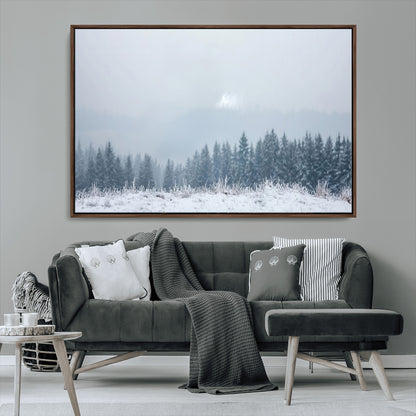 33033082-MGV-FC-36X24_Walnut-Winter Forest Art Wall Art Canvas Print, Framed Snowy Landscape Art Picture Print, Misty Tree Scene Perfect Nordic Minimalist