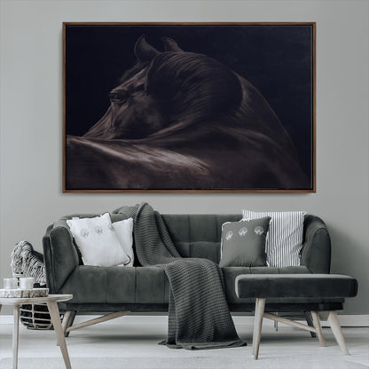67026880-MGV-CV-36X24-Black Horse Portrait Wall Art Canvas Print, Framed Moody Horse Decor Art Picture Print, Equestrian Wall Style Perfect Masculine