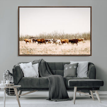 12454132-MGV-CV-36X24-Cow Herd Photography Wall Art Canvas Print, Framed Rustic Farmhouse Decor Art Picture Print, Western Ranch Style Perfect Rustic