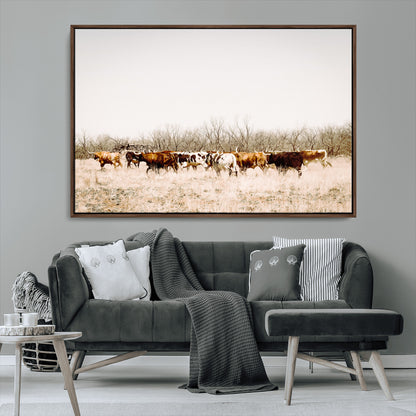 12454132-MGV-CV-36X24-Cow Herd Photography Wall Art Canvas Print, Framed Rustic Farmhouse Decor Art Picture Print, Western Ranch Style Perfect Rustic