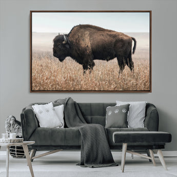 34451925-MGV-CV-36X24-Rustic Bison Decor Wall Art Canvas Print, Framed Buffalo Home Accent Art Picture Print, Prairie Wildlife Scene Perfect Western