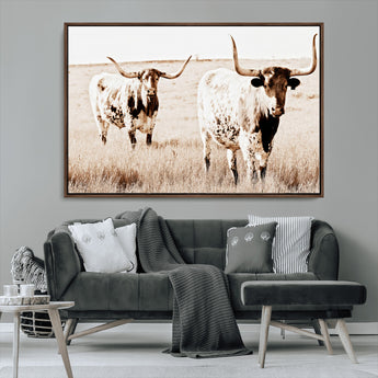 39672786-MGV-CV-36X24-Rustic Cow Scene Wall Art Canvas Print, Framed Farmhouse Style Cattle Art Picture Print, Prairie Animal Duo Perfect Rustic Western