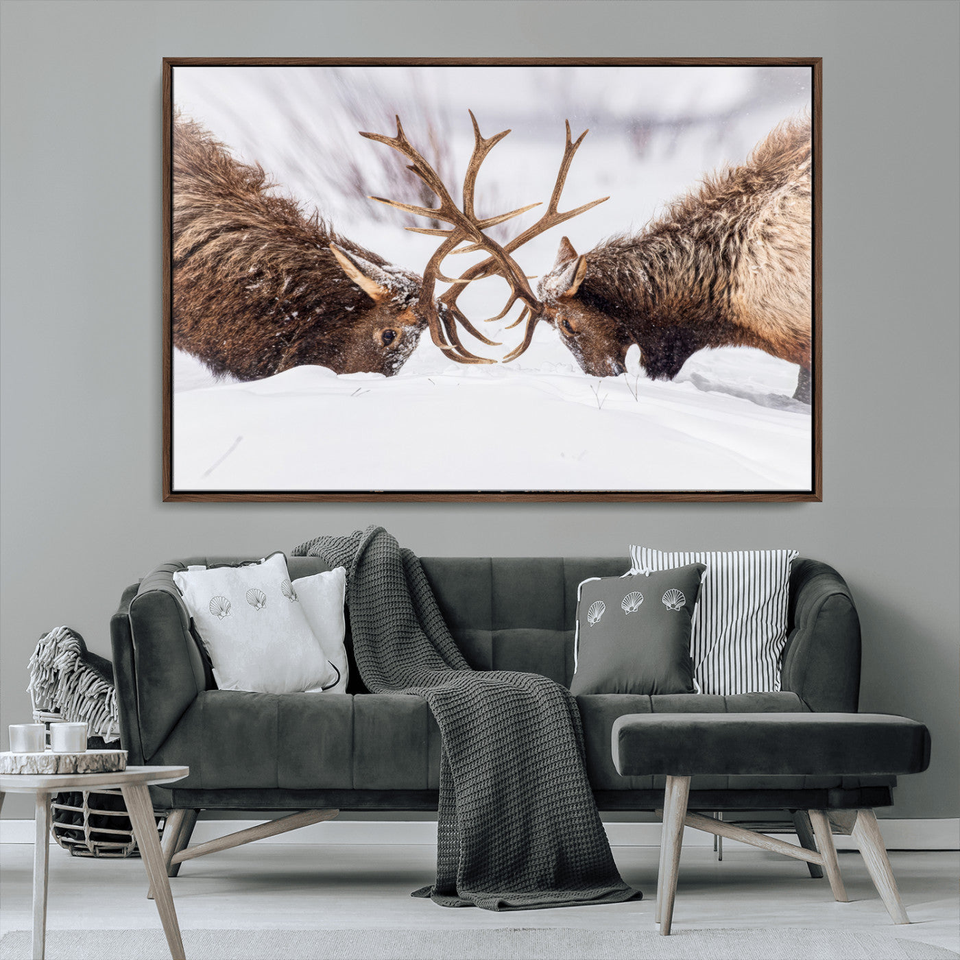 36507609-MGV-CV-36X24-Elk Clash Scene Wall Art Canvas Print, Framed Wildlife Strength Decor Art Picture Print, Snowy Forest Elk Perfect Rustic Lodge