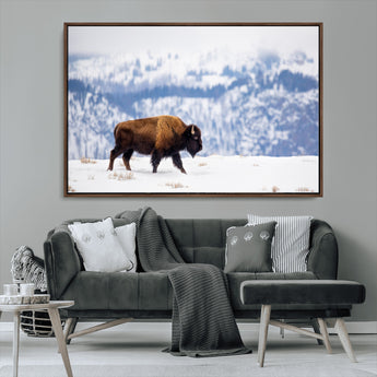 58512275-MGV-FC-36X24_Walnut-Cowboy Aesthetic Wall Art Canvas Print, Framed Neutral Animal Theme Art Picture Print, Bison Ranch Style Perfect Rustic Western