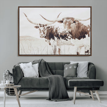 48161868-MGV-CV-36X24-Longhorn Cow Decor Wall Art Canvas Print, Framed Rustic Cattle Art Picture Print, Sepia Western Vibe Perfect Neutral Rustic