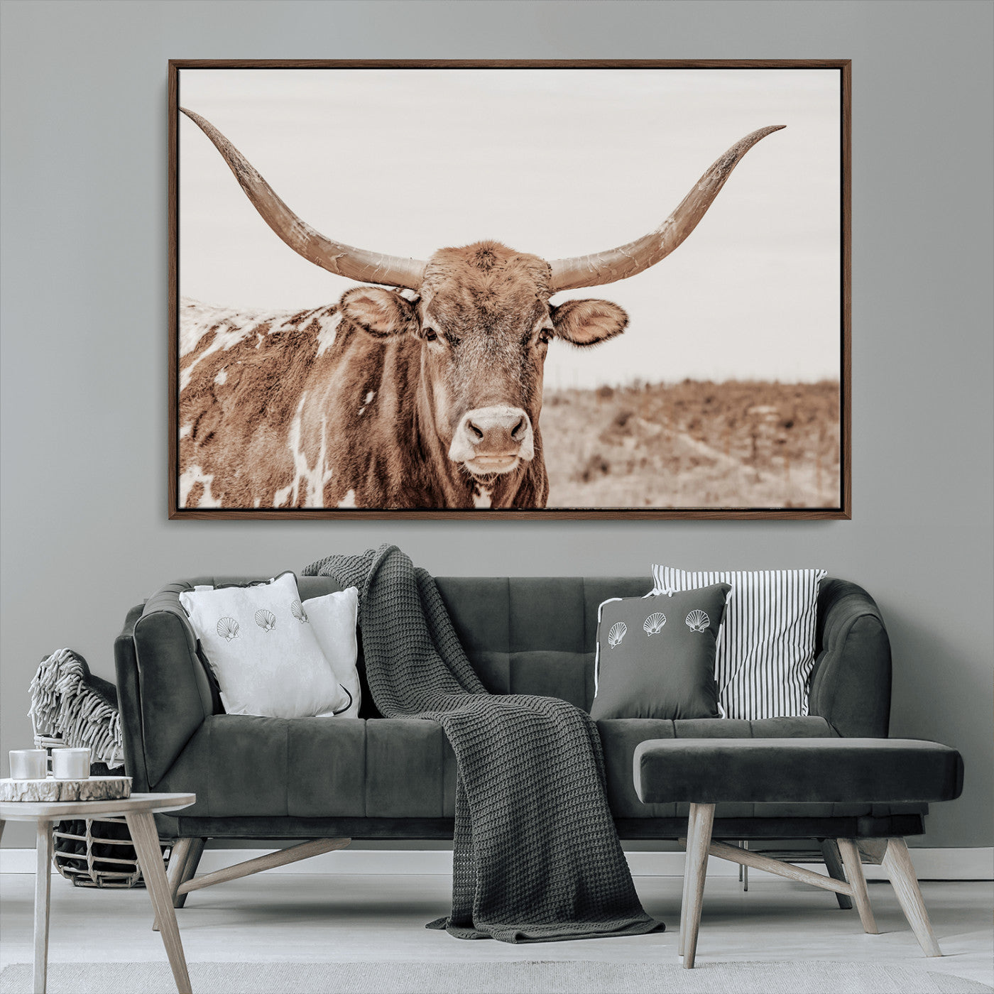 77810049-MGV-CV-36X24-Longhorn Bull Photo Wall Art Canvas Print, Framed Rustic Cow Decor Art Picture Print, Neutral Farmhouse Style Perfect Rustic