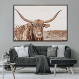 77810049-MGV-CV-36X24-Longhorn Bull Photo Wall Art Canvas Print, Framed Rustic Cow Decor Art Picture Print, Neutral Farmhouse Style Perfect Rustic