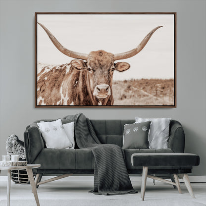 77810049-MGV-CV-36X24-Longhorn Bull Photo Wall Art Canvas Print, Framed Rustic Cow Decor Art Picture Print, Neutral Farmhouse Style Perfect Rustic