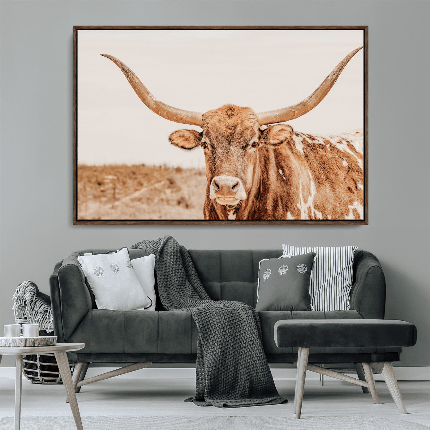 74406977-MGV-CV-36X24-Longhorn Bull Decor Wall Art Canvas Print, Framed Western Cow Theme Art Picture Print, Rustic Farmhouse Wall Perfect Neutral