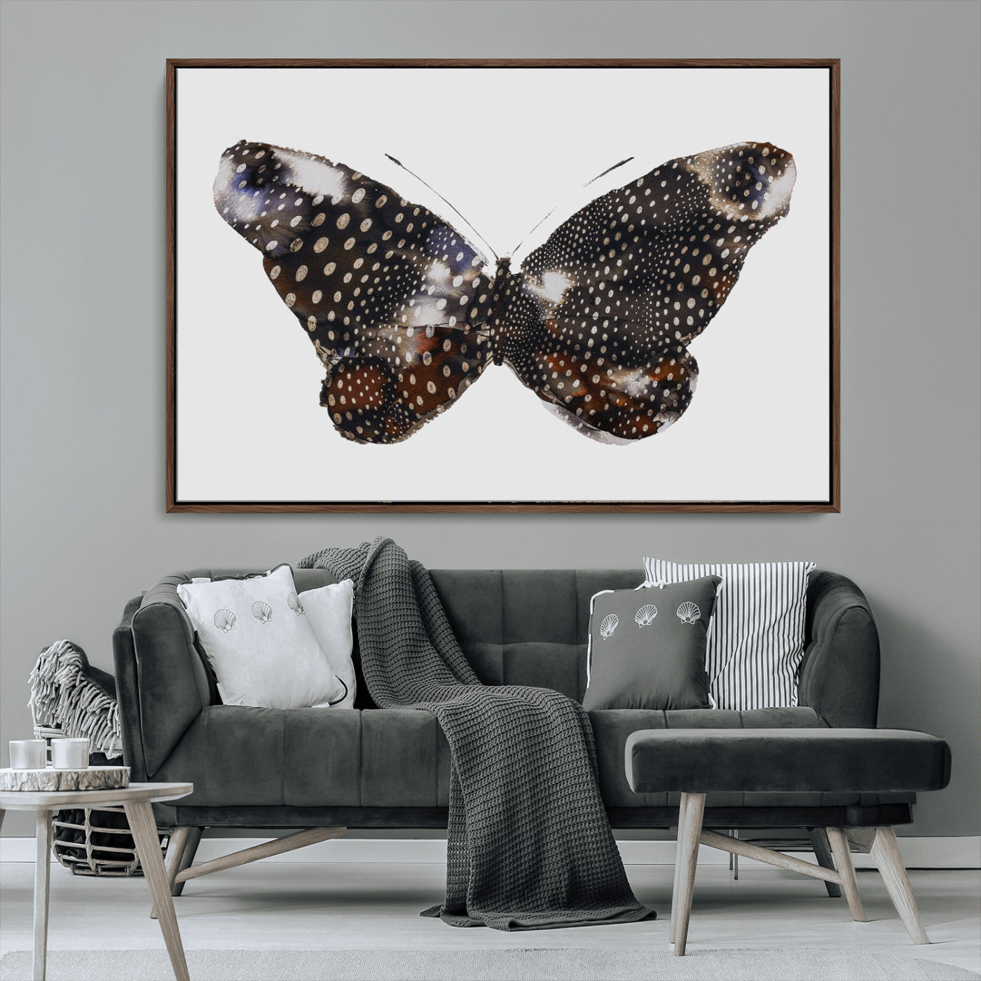 99831147-MGV-CV-36X24-Spotted Butterfly Wall Art Canvas Print, Framed Neutral Insect Theme Art Picture Print, Earthy Wing Pattern Perfect Modern Rustic
