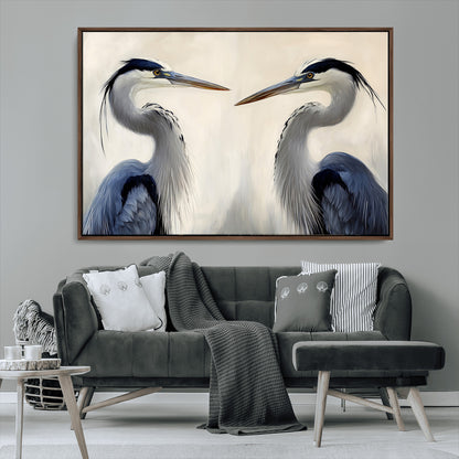 18230556-MGV-CV-36X24-Blue Heron Pair Wall Art Canvas Print, Framed Coastal Bird Theme Art Picture Print, Tranquil Wildlife Scene Perfect Coastal