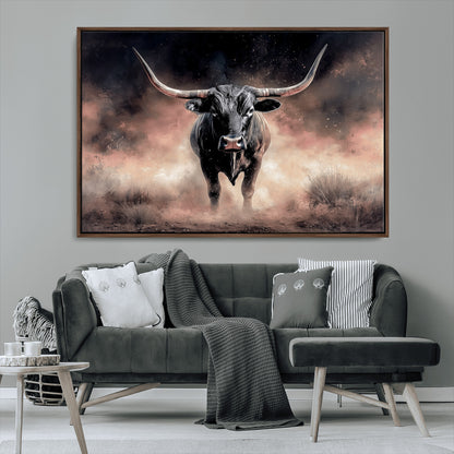 71457818-MGV-CV-36X24-Longhorn Wall Art Wall Art Canvas Print, Framed Western Bull Canvas Art Picture Print, Rustic Cow Decor Perfect Western Dramatic