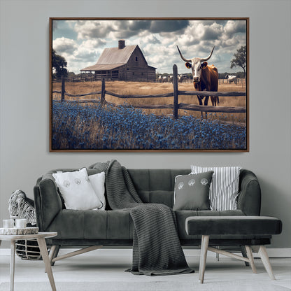 51092814-MGV-CV-36X24-Texas Longhorn Wall Art Wall Art Canvas Print, Framed Rustic Barn Canvas Art Picture Print, Farmhouse Cow Decor Perfect Rustic
