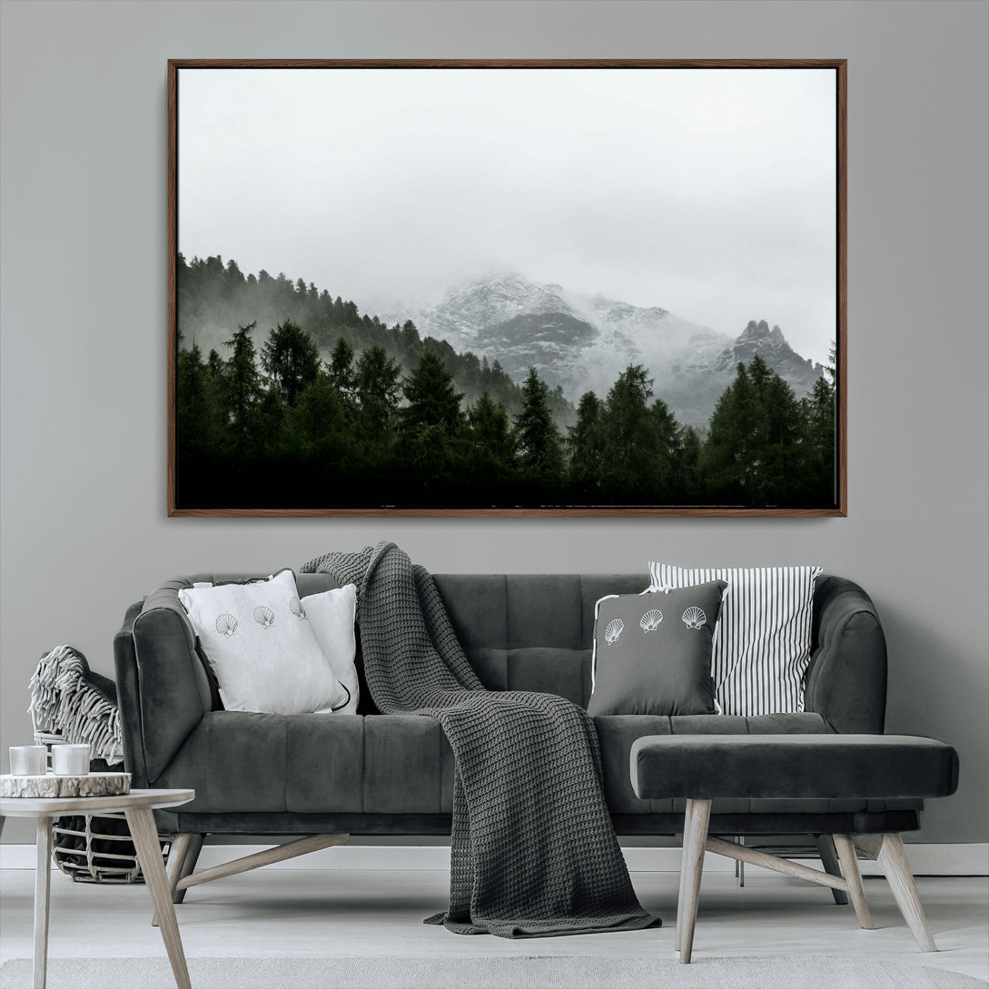 55968349-MGV-CV-36X24-Misty Mountains Wall Art Canvas Print, Framed Foggy Forest Art Picture Print, Snowy Peaks Perfect Moody Wilderness Decor Artwork