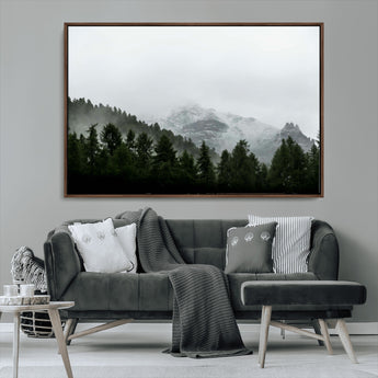 55968349-MGV-CV-36X24-Misty Mountains Wall Art Canvas Print, Framed Foggy Forest Art Picture Print, Snowy Peaks Perfect Moody Wilderness Decor Artwork