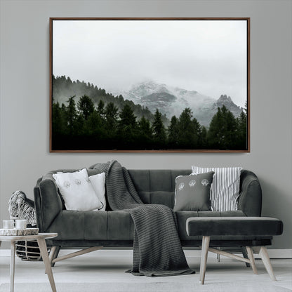 55968349-MGV-CV-36X24-Misty Mountains Wall Art Canvas Print, Framed Foggy Forest Art Picture Print, Snowy Peaks Perfect Moody Wilderness Decor Artwork