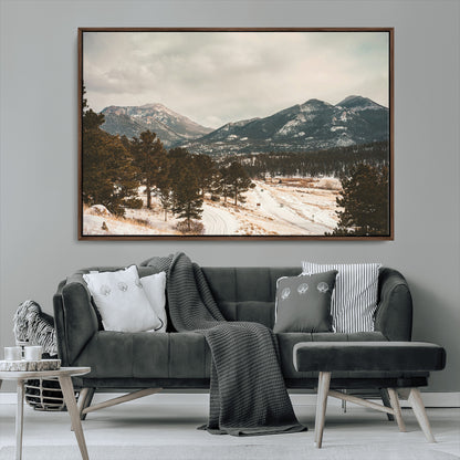 77311749-MGV-FC-36X24_Walnut-Mountain Landscape Wall Art Canvas Print, Framed Snowy Peaks Art Picture Print, Alpine Aesthetic Perfect Rustic Winter Decor