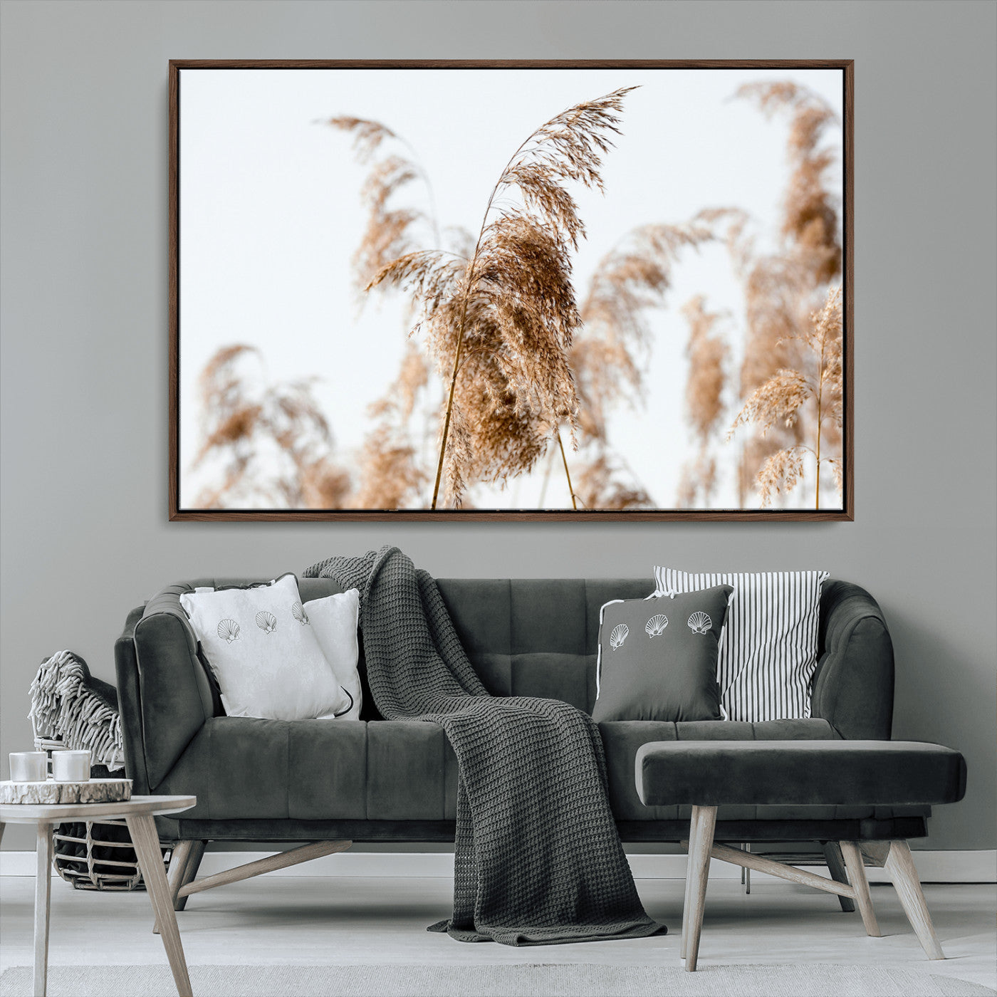 17019393-MGV-FC-36X24_Walnut-Pampas Grass Wall Art Canvas Print, Framed Neutral Tones Art Picture Print, Minimalist Nature Perfect Boho Minimalist Decor