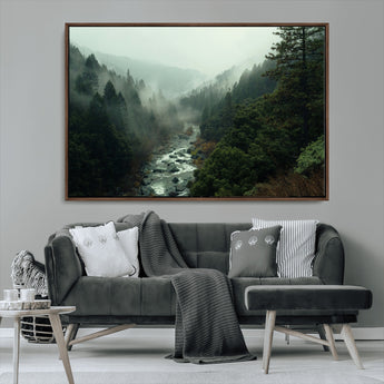 48497565-MGV-CV-36X24-Misty Forest Wall Art Canvas Print, Framed Foggy River Art Picture Print, Moody Landscape Perfect Moody Wilderness Decor Artwork