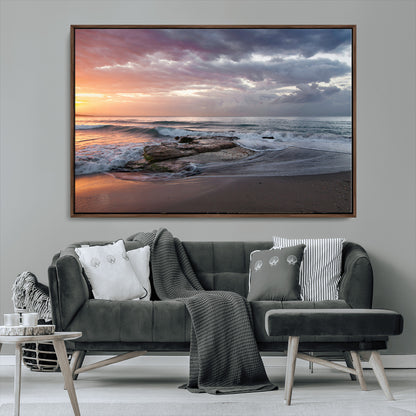 94208089-MGV-CV-36X24-Golden Hour Wall Art Canvas Print, Framed Tranquil Waves Art Picture Print, Beach Horizon Perfect Coastal Serenity Decor Artwork